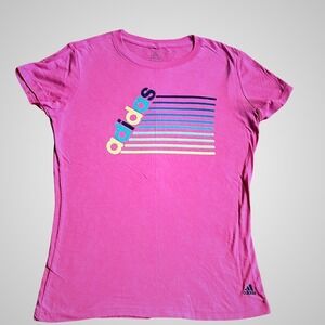 Adidas Pink Graphic T Shirt‎ Women S Short Sleeve Logo Stripes Casual Sporty